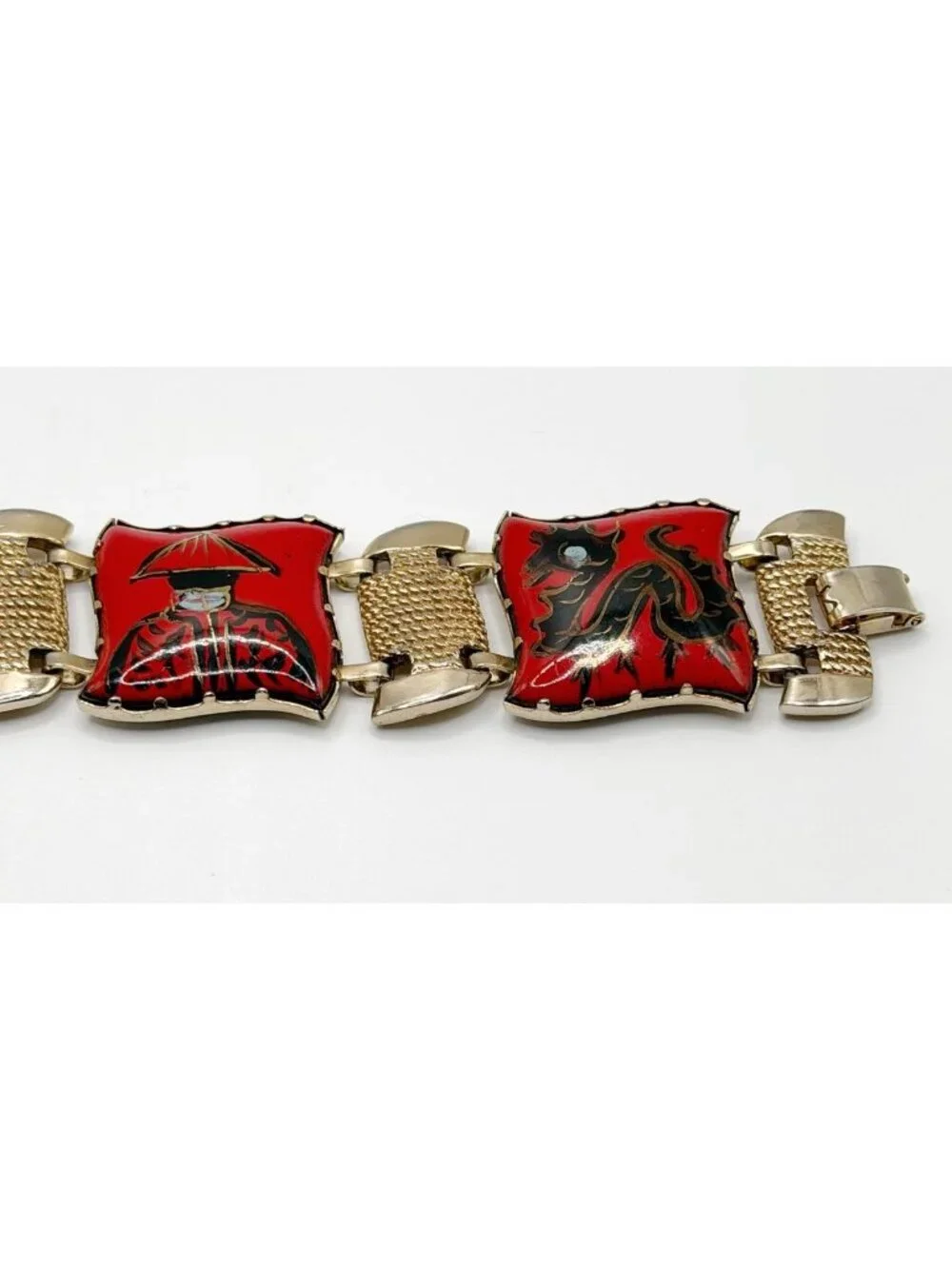 Vintage Chinese Export Enamel‎ Panel Bracelet Brass Red & Gold 7.75”